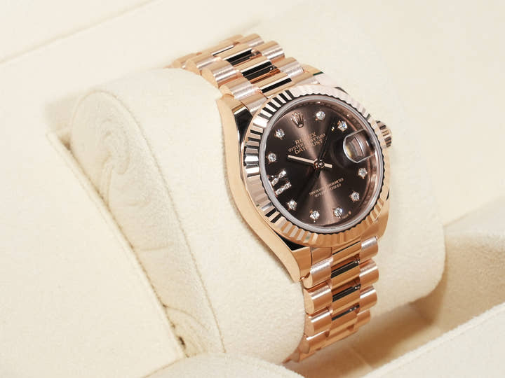 Rolex Datejust 28 Ref. 279175G Everose Gold Diamond-set Chocolate Dial President Bracelet Used i4hiqrtd