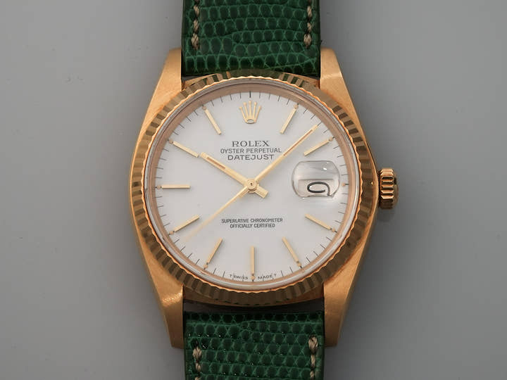 Rolex Datejust Ref. 16018 Yellow Gold White Dial Leather Strap