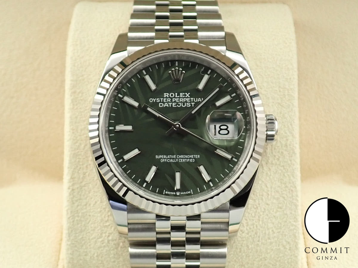 Rolex Datejust 36 Ref. 126234 Stainless Steel/White Gold Olive Green Palm Motif Dial Jubilee Bracelet