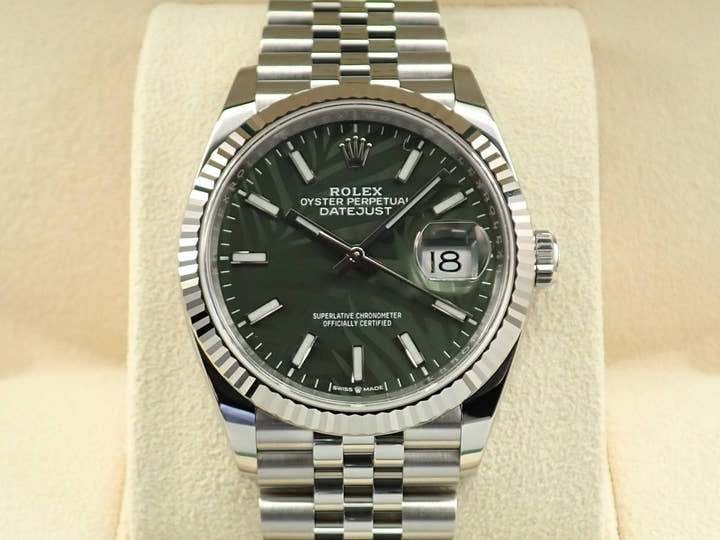 Rolex Datejust 36 Ref. 126234 Stainless Steel/White Gold Olive Green Palm Motif Dial Jubilee Bracelet