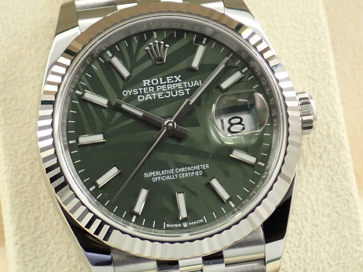 Rolex Datejust 36 Ref. 126234 Stainless Steel/White Gold Olive Green Palm Motif Dial Jubilee Bracelet