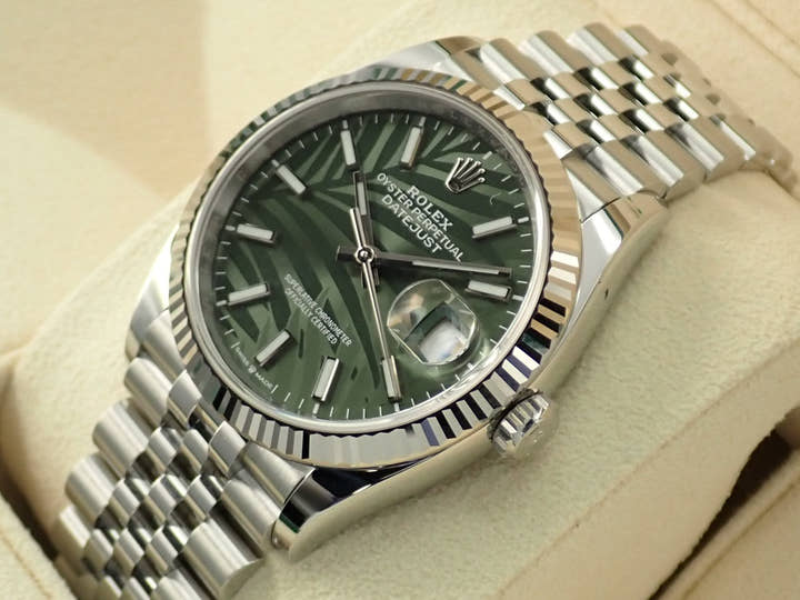 Rolex Datejust 36 Ref. 126234 Stainless Steel/White Gold Olive Green Palm Motif Dial Jubilee Bracelet