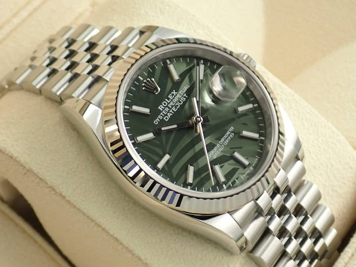 Rolex Datejust 36 Ref. 126234 Stainless Steel/White Gold Olive Green Palm Motif Dial Jubilee Bracelet