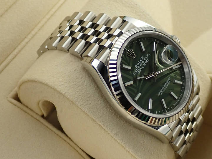 ロレックス デイトジャスト36 Ref.126234 ステンレススチール/ホワイトゴールド グリーンパーム文字盤 ジュビリーブレスレット 中古 4X5LJ7Y6