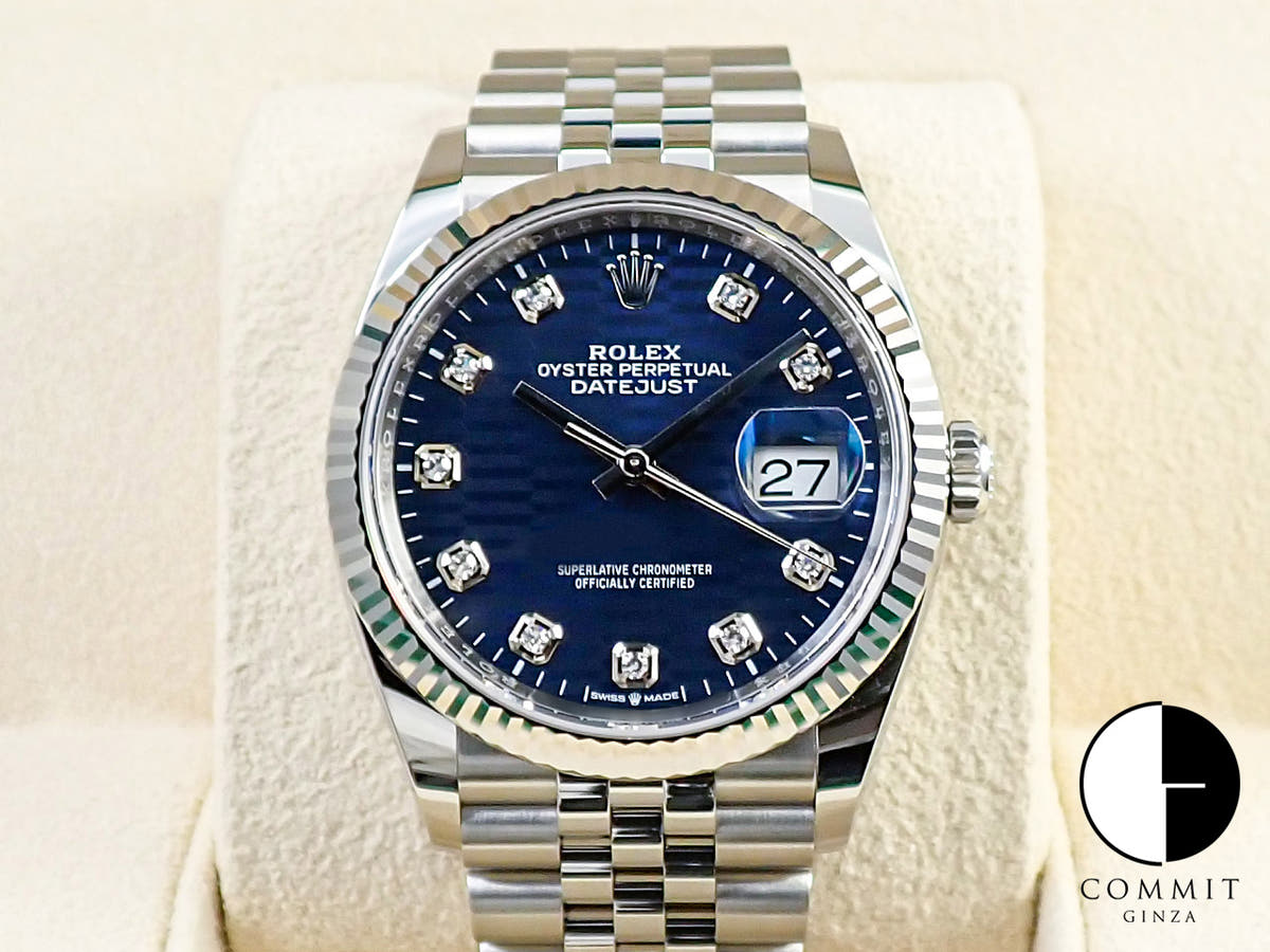 ロレックス デイトジャスト36 Ref.126234G ステンレススチール/ホワイトゴールド ブライトブルー フルーテッドモチーフx10Pダイヤ文字盤 ジュビリーブレスレット 未使用 L80295F5