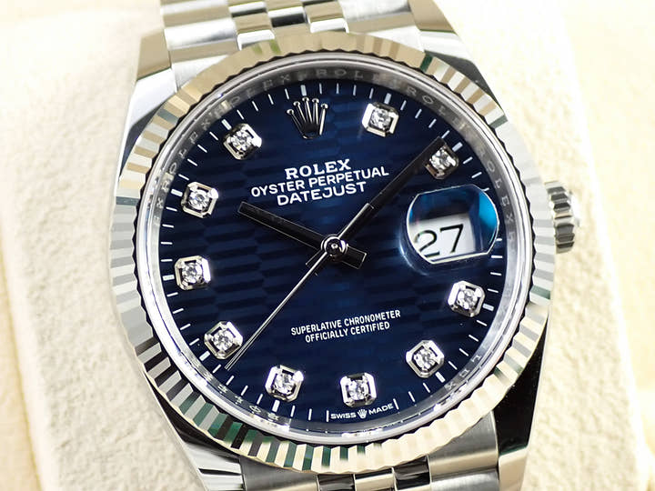 ロレックス デイトジャスト36 Ref.126234G ステンレススチール/ホワイトゴールド ブライトブルー フルーテッドモチーフx10Pダイヤ文字盤 ジュビリーブレスレット 未使用 L80295F5
