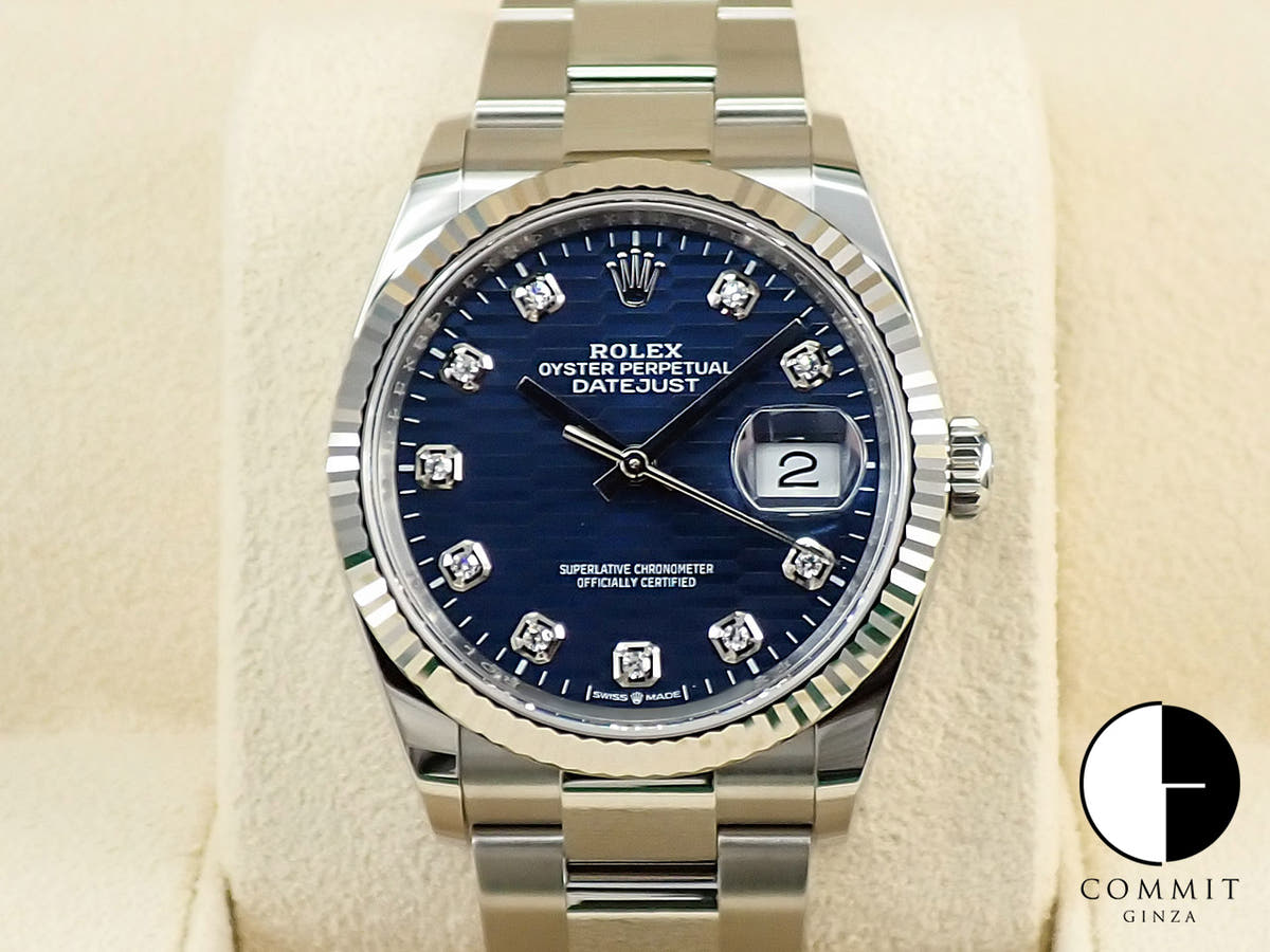ロレックス デイトジャスト36 Ref.126234G ステンレススチール/ホワイトゴールド ブライトブルー フルーテッドモチーフx10Pダイヤ文字盤 オイスターブレスレット 未使用 377T6X7K