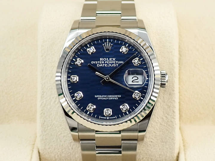 ロレックス デイトジャスト36 Ref.126234G ステンレススチール/ホワイトゴールド ブライトブルー フルーテッドモチーフx10Pダイヤ文字盤 オイスターブレスレット 未使用 377T6X7K