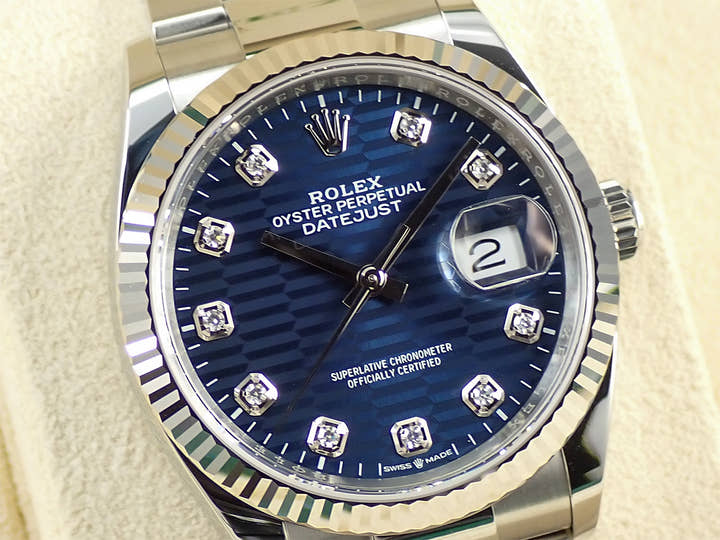ロレックス デイトジャスト36 Ref.126234G ステンレススチール/ホワイトゴールド ブライトブルー フルーテッドモチーフx10Pダイヤ文字盤 オイスターブレスレット 未使用 377T6X7K