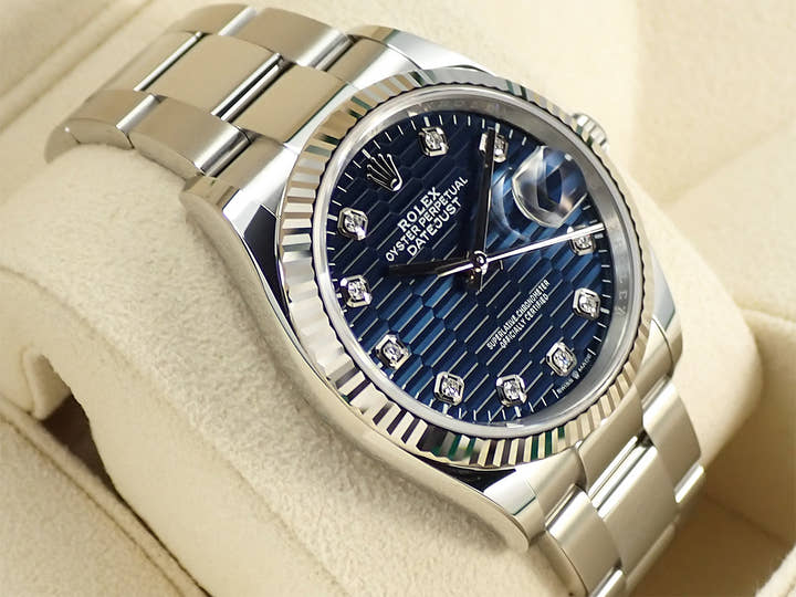 ロレックス デイトジャスト36 Ref.126234G ステンレススチール/ホワイトゴールド ブライトブルー フルーテッドモチーフx10Pダイヤ文字盤 オイスターブレスレット 未使用 377T6X7K