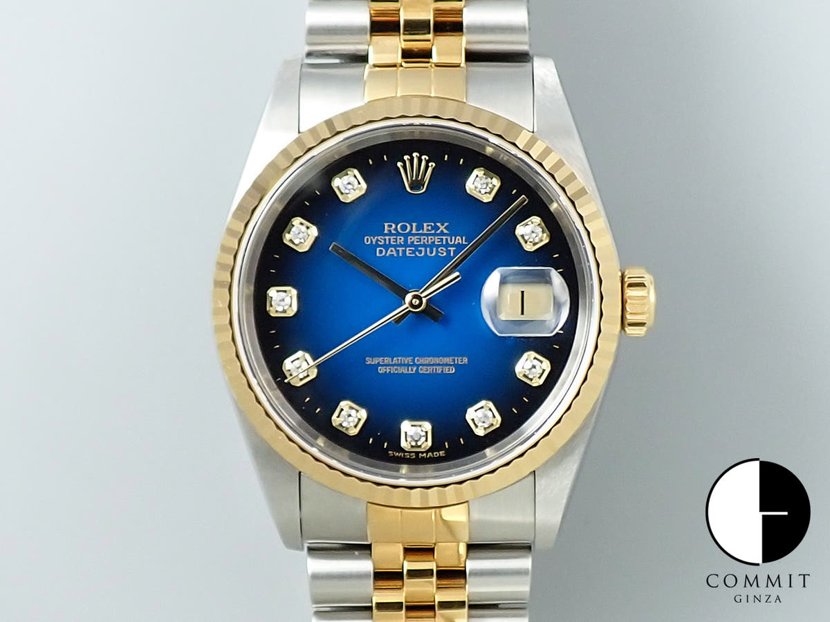 ロレックス デイトジャスト36 Ref.16233 ステンレススチール/イエローゴールド ブルーグラデーションx10Pダイヤ文字盤 ジュビリーブレスレット