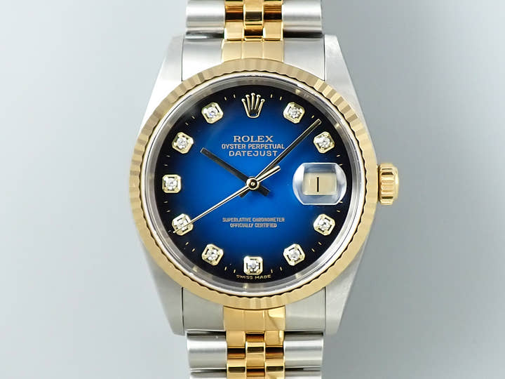 ロレックス デイトジャスト36 Ref.16233 ステンレススチール/イエローゴールド ブルーグラデーションx10Pダイヤ文字盤 ジュビリーブレスレット