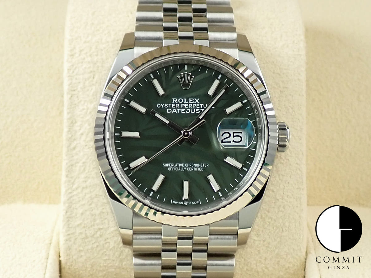 ロレックス デイトジャスト36 Ref.126234 ステンレススチール/ホワイトゴールド グリーンパーム文字盤 ジュビリーブレスレット 未使用 MU53L842