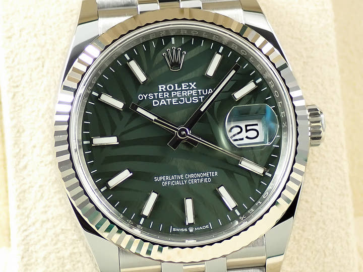 ロレックス デイトジャスト36 Ref.126234 ステンレススチール/ホワイトゴールド グリーンパーム文字盤 ジュビリーブレスレット 未使用 MU53L842