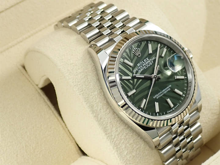 ロレックス デイトジャスト36 Ref.126234 ステンレススチール/ホワイトゴールド グリーンパーム文字盤 ジュビリーブレスレット 未使用 MU53L842