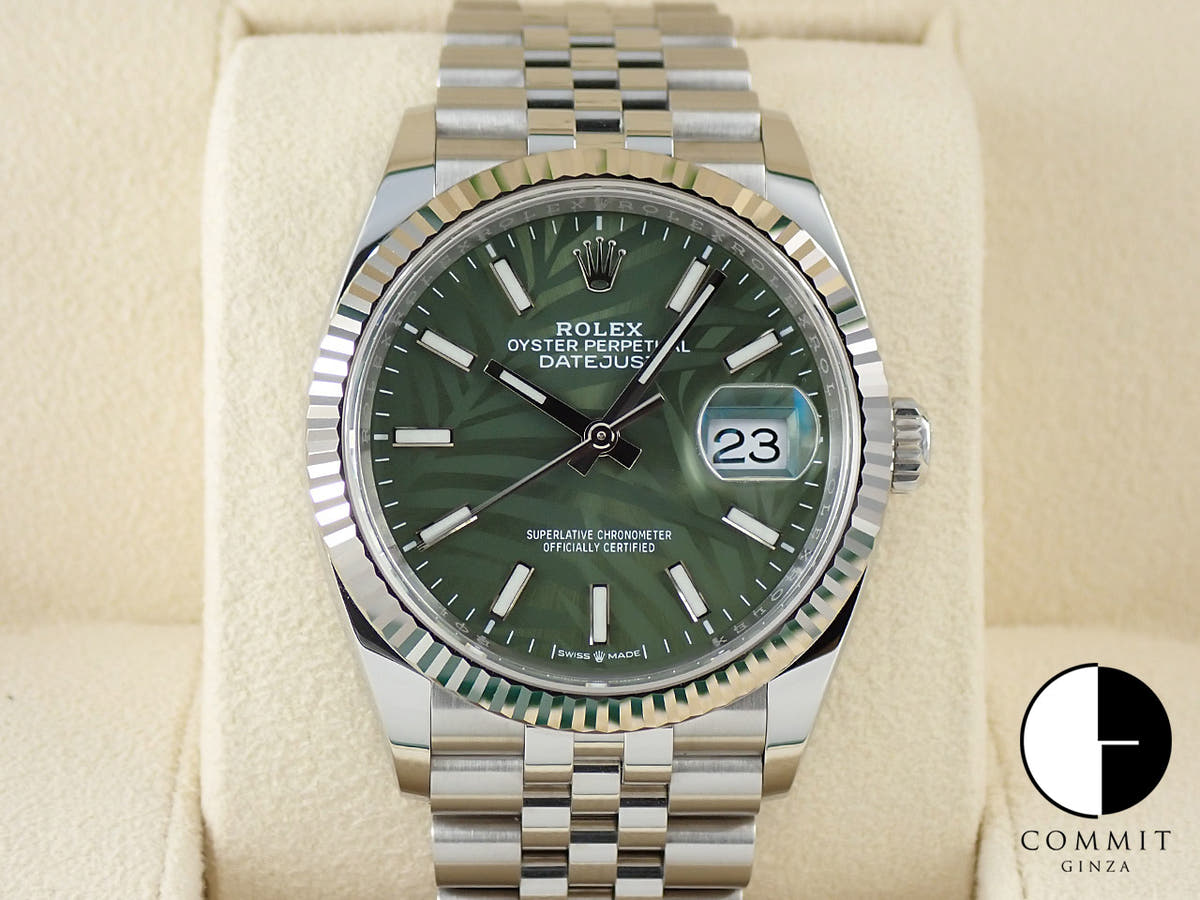 ロレックス デイトジャスト36 Ref.126234 ステンレススチール/ホワイトゴールド グリーンパーム文字盤 ジュビリーブレスレット 美品 HH56TAWS