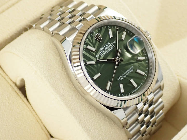 ロレックス デイトジャスト36 Ref.126234 ステンレススチール/ホワイトゴールド グリーンパーム文字盤 ジュビリーブレスレット 美品 HH56TAWS