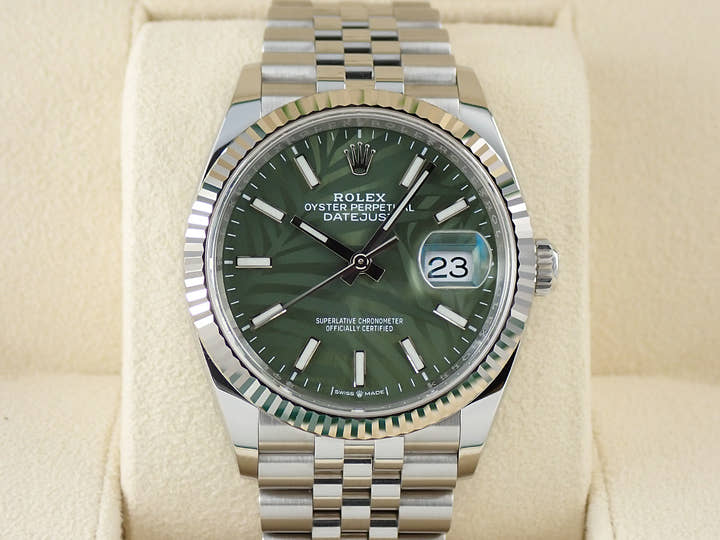 ロレックス デイトジャスト36 Ref.126234 ステンレススチール/ホワイトゴールド グリーンパーム文字盤 ジュビリーブレスレット 美品 HH56TAWS
