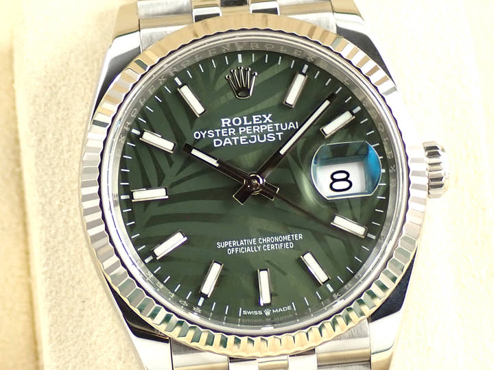 ロレックス デイトジャスト36 Ref.126234 ステンレススチール/ホワイトゴールド オリーブグリーン パームモチーフ文字盤 ジュビリーブレスレット