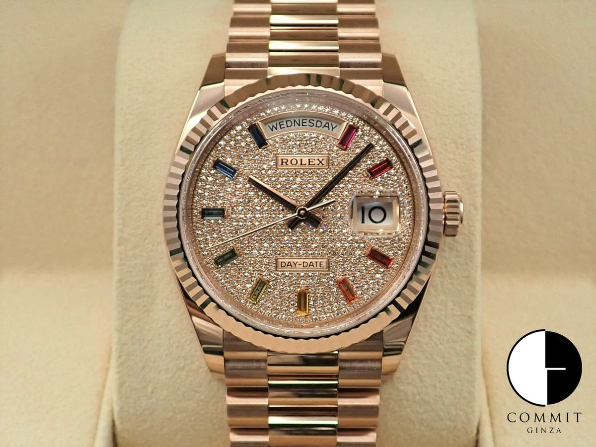 ロレックス デイデイト36 Ref.128235 エバーローズゴールド パヴェダイヤxレインボーサファイア文字盤