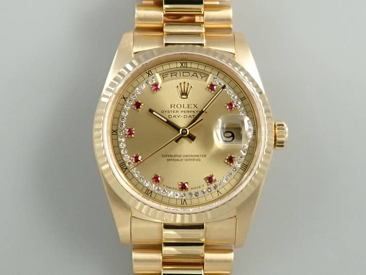ロレックス デイデイト36 Ref.18238LR イエローゴールド シャンパンxミリヤードx10Pルビー文字盤