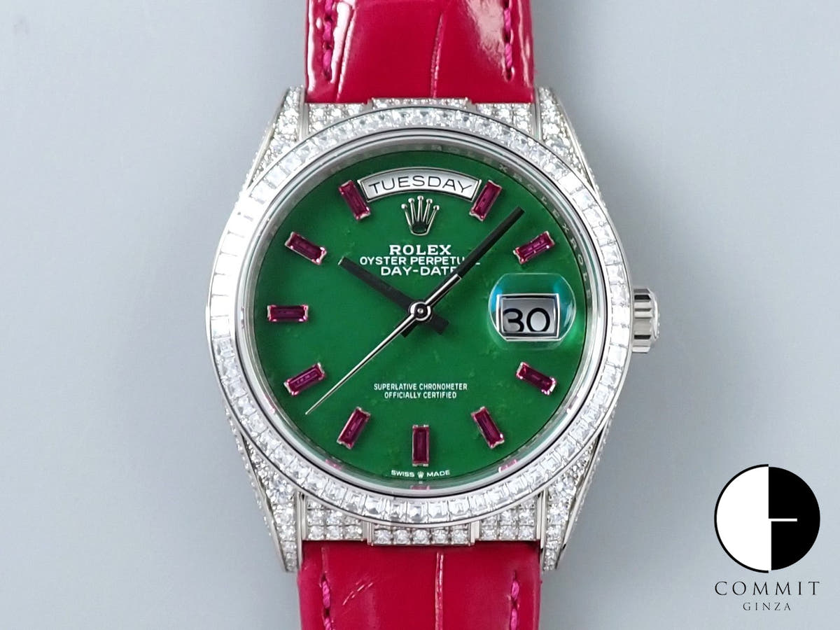 ロレックス デイデイト36 Ref.128459TBR ホワイトゴールド ポーラージェイドx10Pルビー文字盤