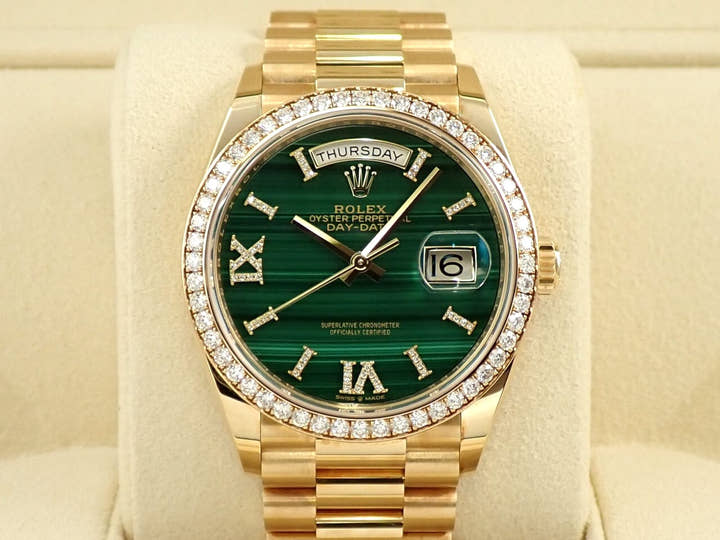ロレックス デイデイト36 Ref.128348RBR イエローゴールド マラカイト文字盤