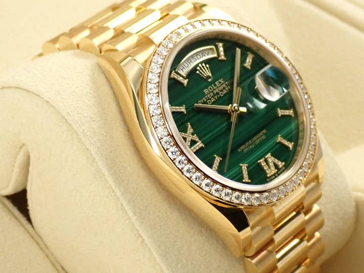 ロレックス デイデイト36 Ref.128348RBR イエローゴールド マラカイト文字盤