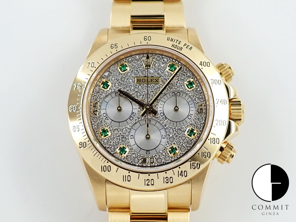 ロレックス デイトナ エルプリメロ Ref.16528 イエローゴールド パヴェダイヤx8Pエメラルド文字盤
