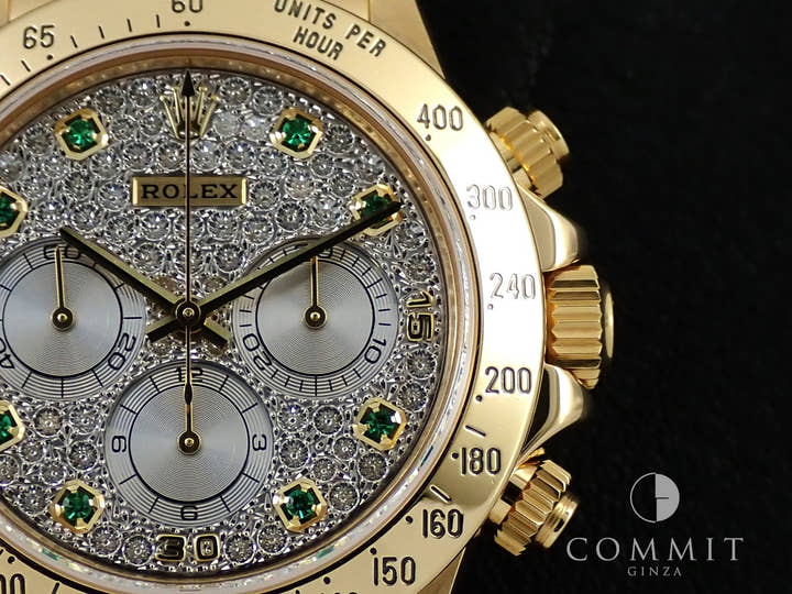 ロレックス デイトナ エルプリメロ Ref.16528 イエローゴールド パヴェダイヤx8Pエメラルド文字盤