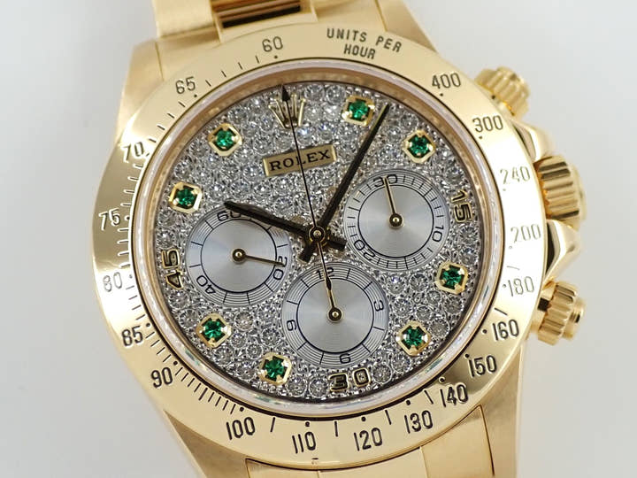 ロレックス デイトナ エルプリメロ Ref.16528 イエローゴールド パヴェダイヤx8Pエメラルド文字盤