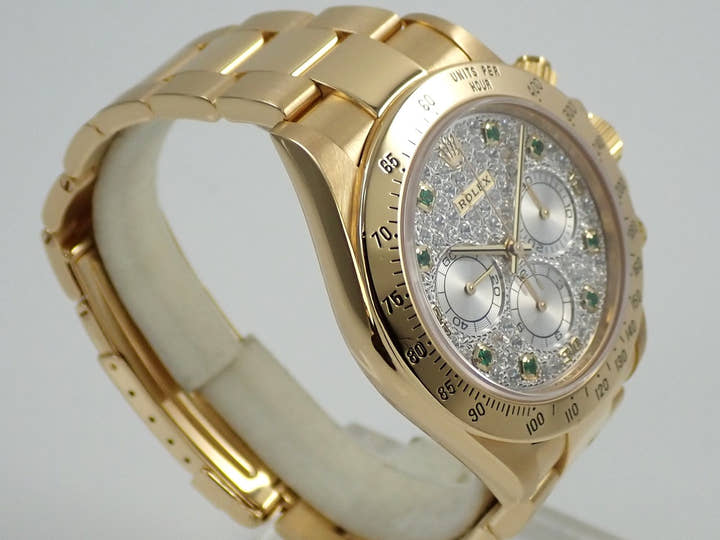 ロレックス デイトナ エルプリメロ Ref.16528 イエローゴールド パヴェダイヤx8Pエメラルド文字盤
