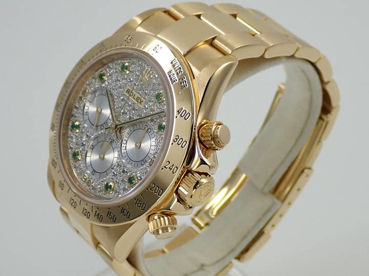 ロレックス デイトナ エルプリメロ Ref.16528 イエローゴールド パヴェダイヤx8Pエメラルド文字盤