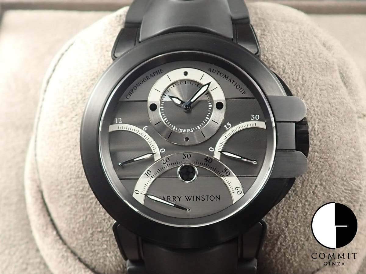 ハリーウィンストン オーシャン トリレトロ クロノグラフ Ref.OCEACT44ZZ006 グレー/シルバー文字盤 極美品 KJ6HP789