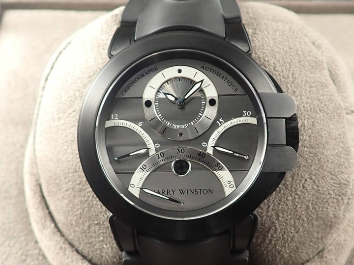 ハリーウィンストン オーシャン トリレトロ クロノグラフ Ref.OCEACT44ZZ006 グレー/シルバー文字盤 極美品 KJ6HP789