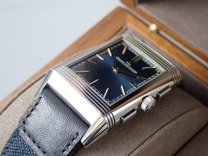 ジャガールクルト レベルソ トリビュート クロノグラフ Ref.Q389848J ブルーグレー/スケルトン文字盤 美中古 CC2UL642