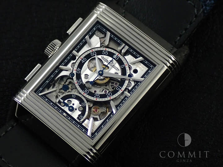 ジャガールクルト レベルソ トリビュート クロノグラフ Ref.Q389848J ブルーグレー/スケルトン文字盤 美品 S9658492