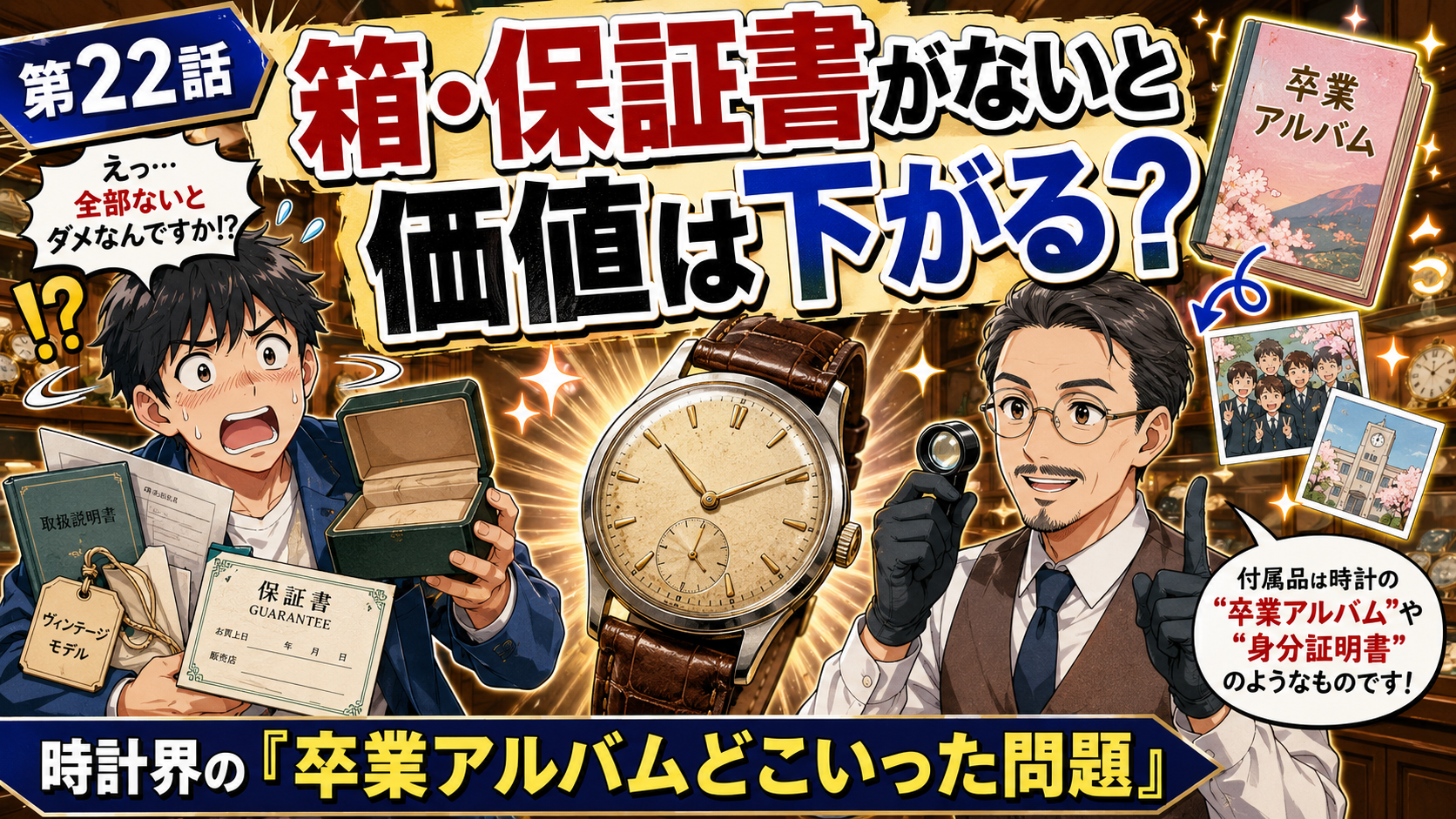 【AI漫画】第22話：箱・保証書がないと価値は下がる？｜時計界の「卒業アルバムどこいった問題」