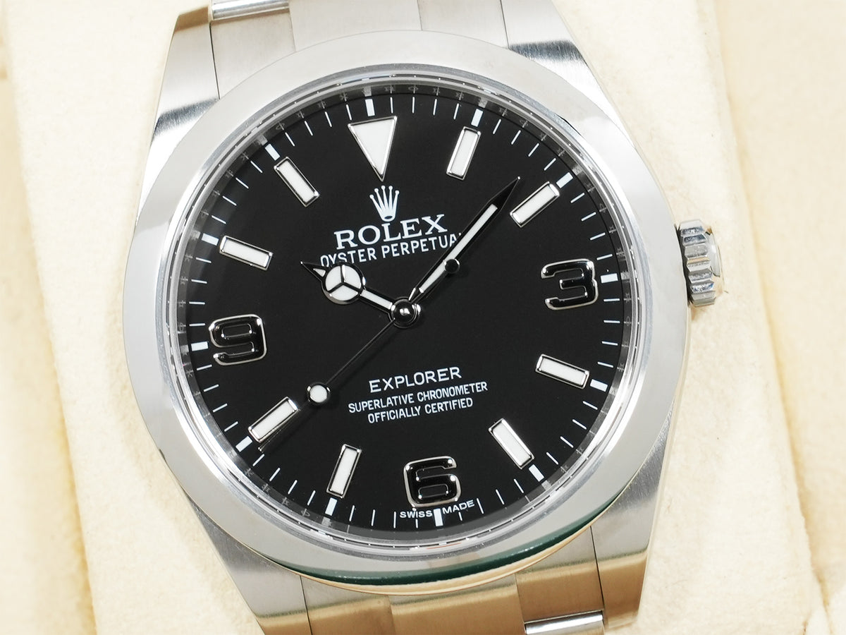 ロレックス エクスプローラーI 鏡面ブラックアウト Ref.214270 ステンレススチール ブラック文字盤 オイスターブレスレット 美中古 amjesojq