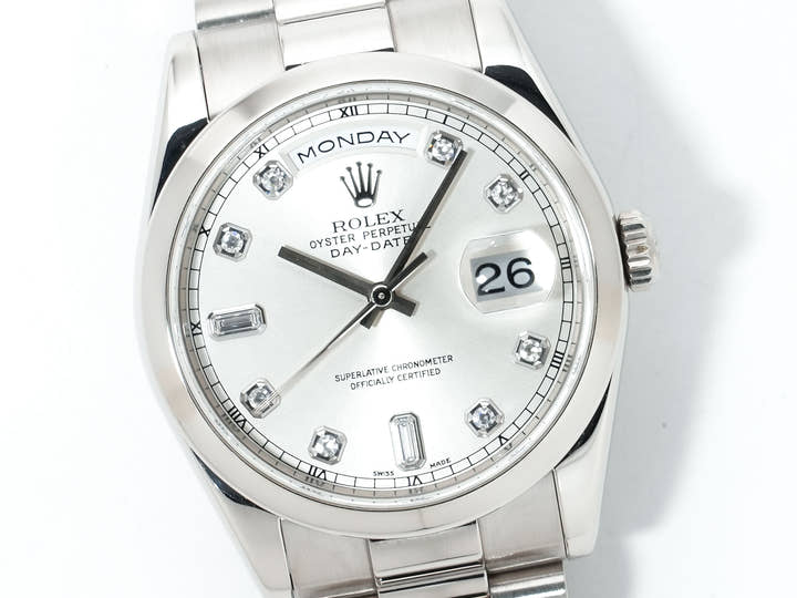 ロレックス デイデイト36 Ref.118209A ホワイトゴールド シルバー10Pダイヤ文字盤 プレジデントブレスレット 美中古 bzkfob58