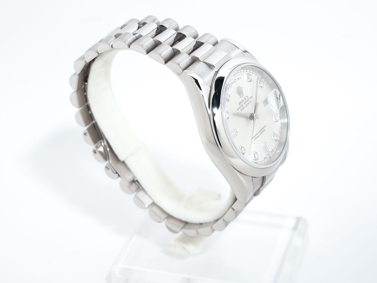 ロレックス デイデイト36 Ref.118209A ホワイトゴールド シルバー10Pダイヤ文字盤 プレジデントブレスレット 美中古 bzkfob58