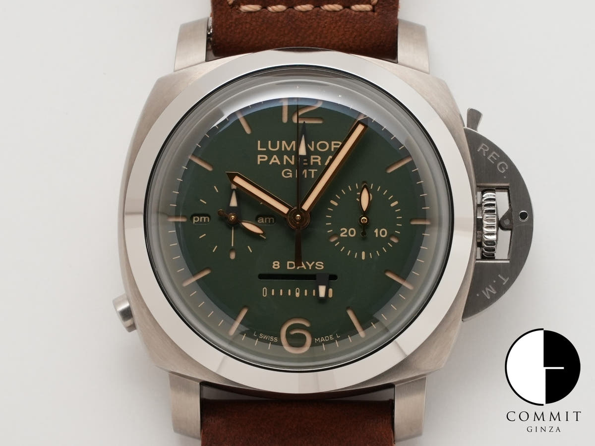パネライ ルミノール 1950 クロノグラフ モノプルサンテ 8DAYS GMT チタニオ Ref.PAM00737 グリーン文字盤 美中古 f4bgg9i4