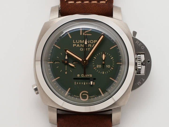 パネライ ルミノール 1950 クロノグラフ モノプルサンテ 8DAYS GMT チタニオ Ref.PAM00737 グリーン文字盤 美中古 f4bgg9i4