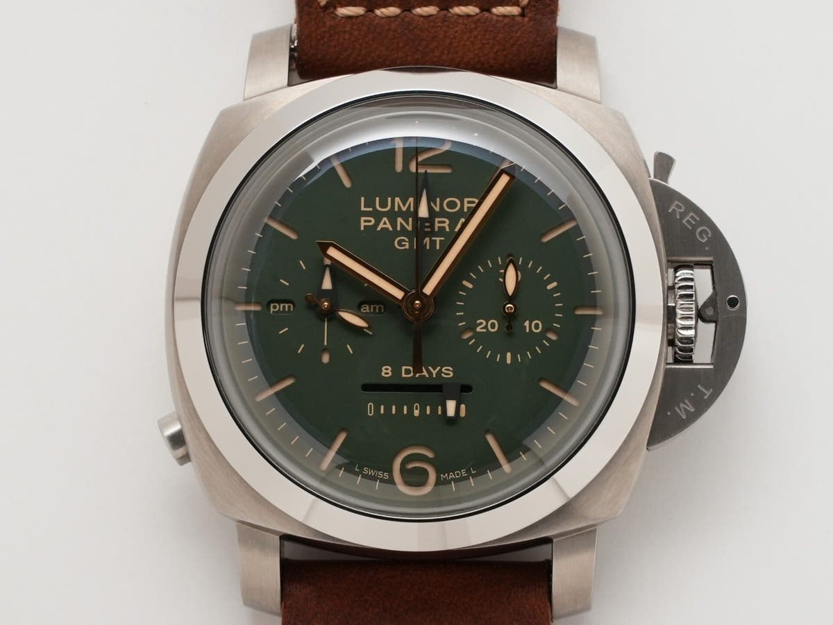 パネライ ルミノール 1950 クロノグラフ モノプルサンテ 8DAYS GMT チタニオ Ref.PAM00737 グリーン文字盤 美中古 f4bgg9i4