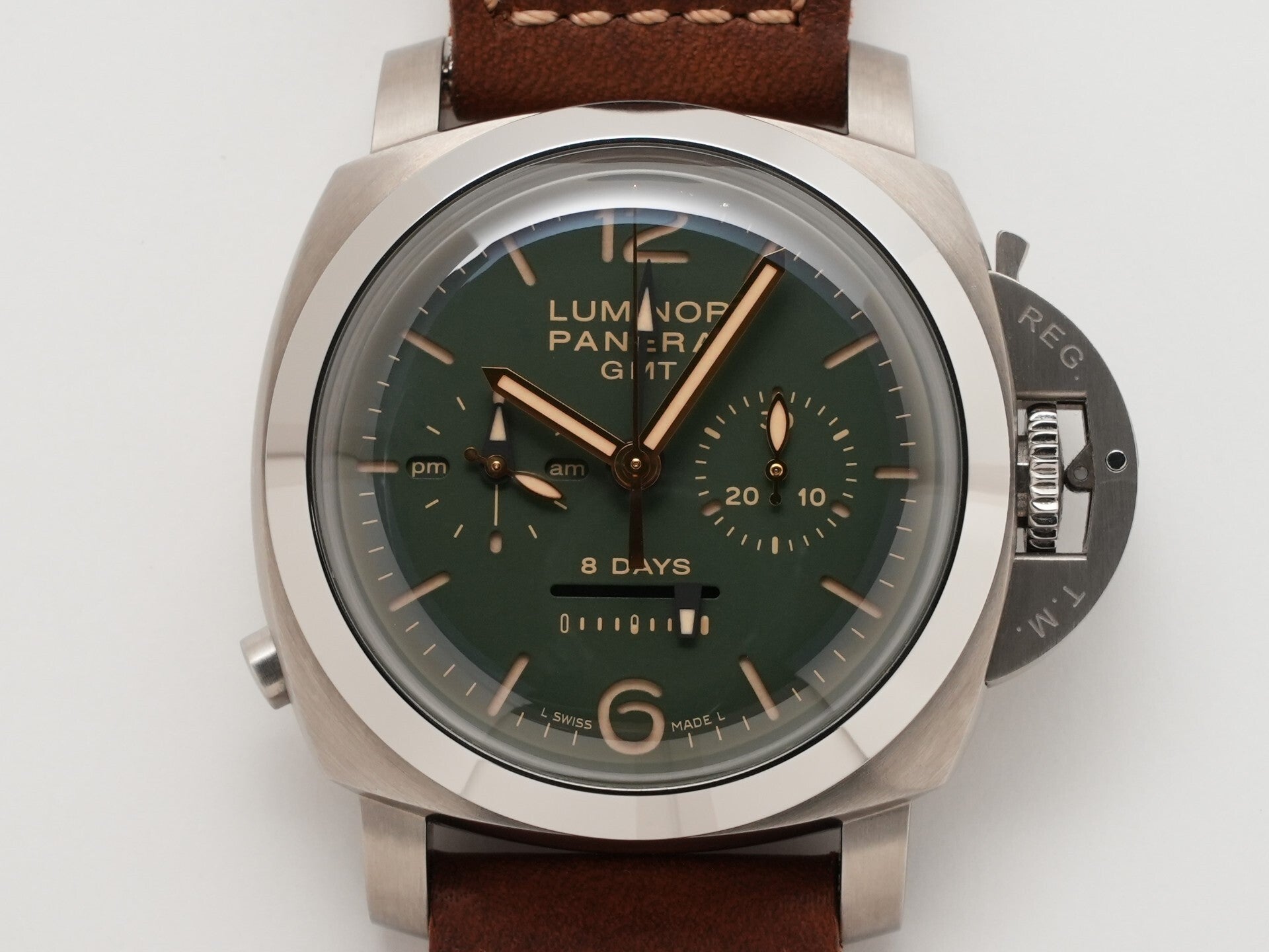 パネライ ルミノール 1950 クロノグラフ モノプルサンテ 8DAYS GMT チタニオ Ref.PAM00737 TITANIUM グリーン文字盤