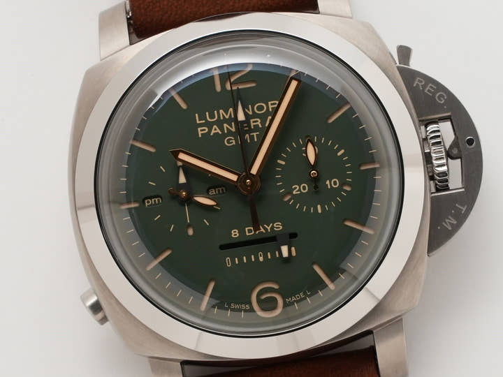 パネライ ルミノール 1950 クロノグラフ モノプルサンテ 8DAYS GMT チタニオ Ref.PAM00737 グリーン文字盤 美中古 f4bgg9i4