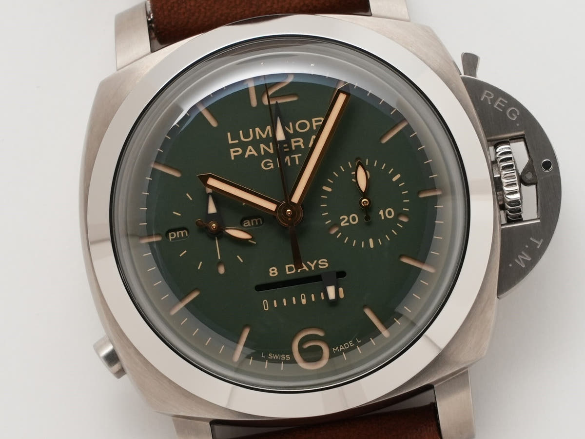 パネライ ルミノール 1950 クロノグラフ モノプルサンテ 8DAYS GMT チタニオ Ref.PAM00737 グリーン文字盤 美中古 f4bgg9i4