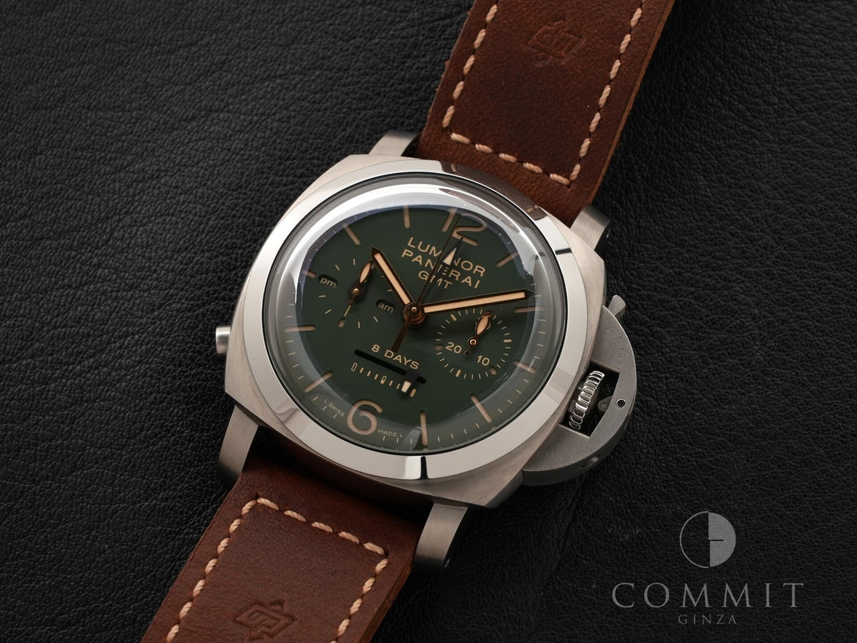パネライ ルミノール 1950 クロノグラフ モノプルサンテ 8DAYS GMT チタニオ Ref.PAM00737 グリーン文字盤 美中古 f4bgg9i4