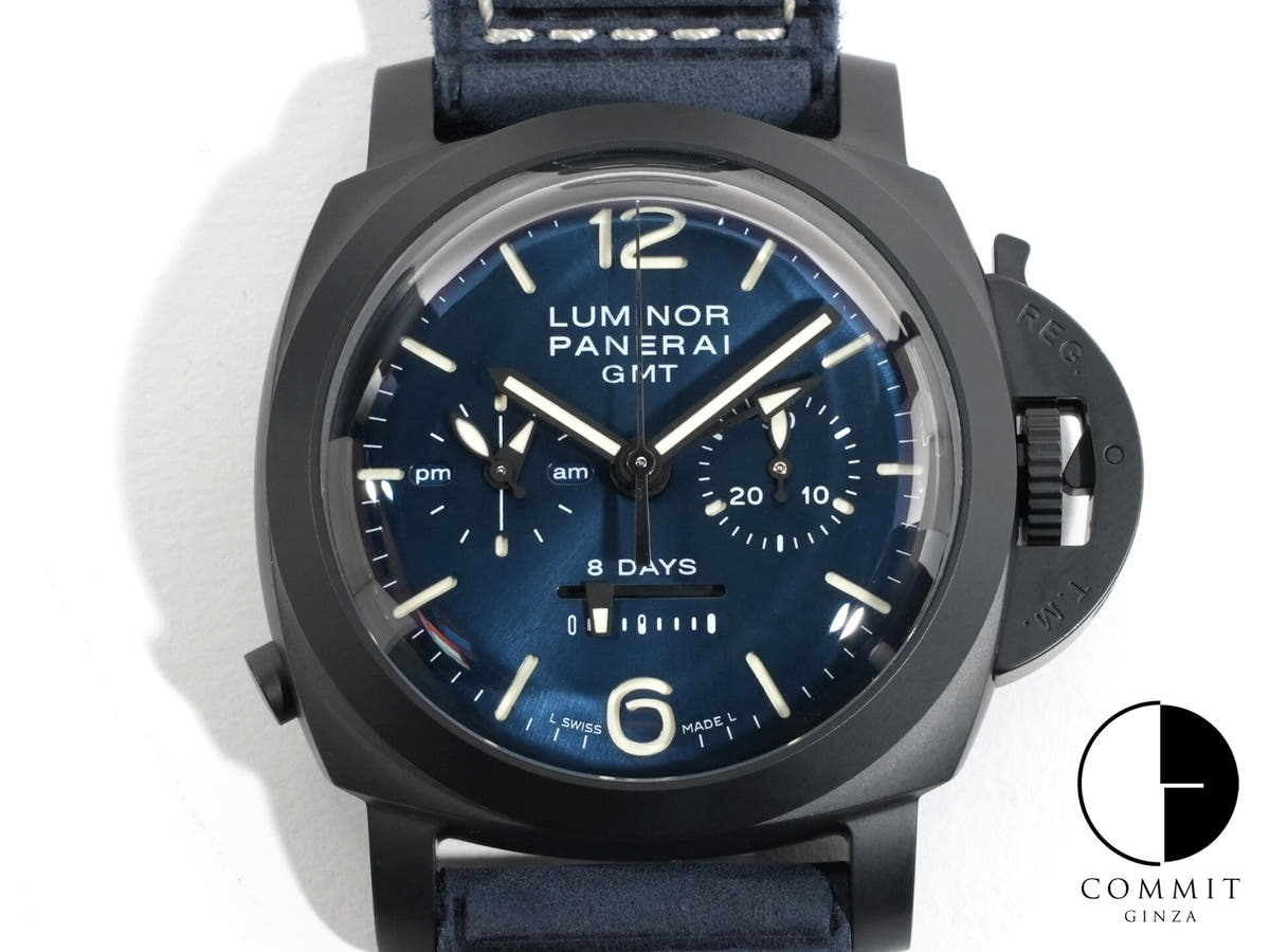 パネライ ルミノール クロノ モノプルサンテ GMT ブルーノッテ Ref.PAM01135 ミッドナイトブルー文字盤 美品 4352s9nk