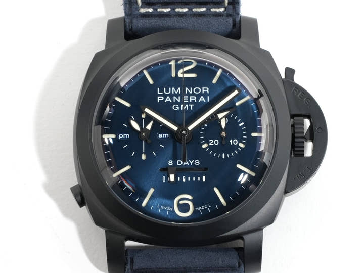 パネライ ルミノール クロノ モノプルサンテ GMT ブルーノッテ Ref.PAM01135 ミッドナイトブルー文字盤 美品 4352s9nk
